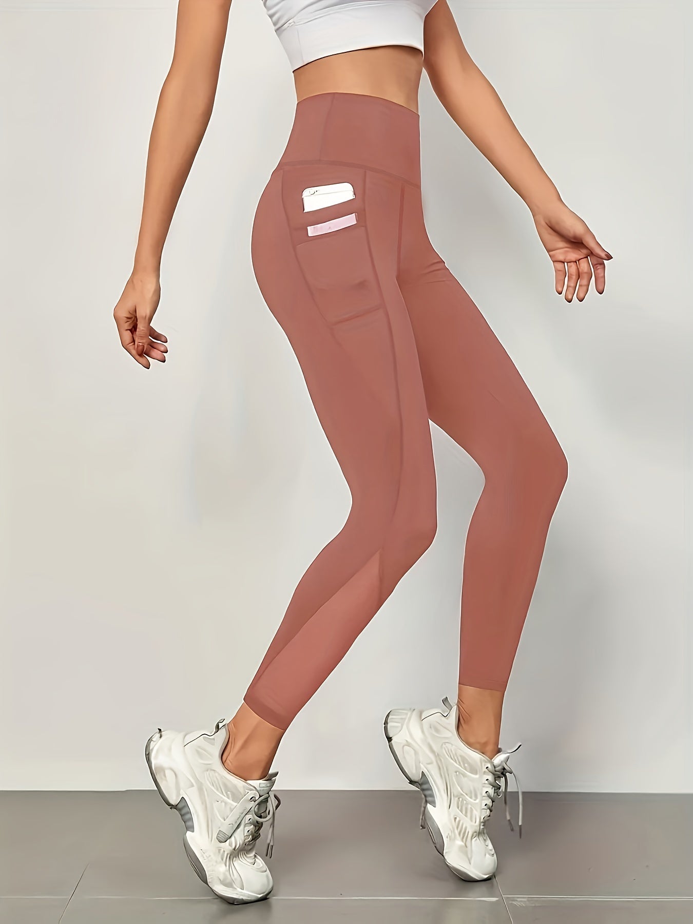 High Waist Mesh Stitching Women's Yoga Leggings With Side Pockets