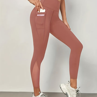 High Waist Mesh Stitching Women's Yoga Leggings With Side Pockets