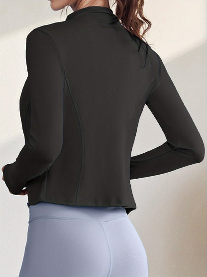 Solid Color Full Zipper Jacket With Turtle Neck, Long Sleeve & Thumb Hole For Fitness & Sports