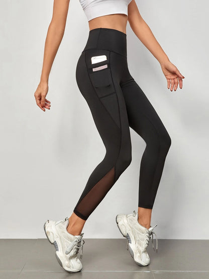 High Waist Mesh Stitching Women's Yoga Leggings With Side Pockets