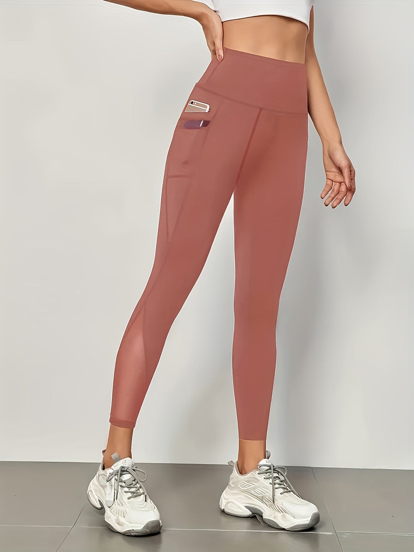 High Waist Mesh Stitching Women's Yoga Leggings With Side Pockets